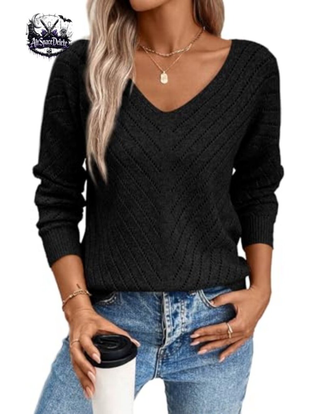 V Neck Long Sleeve Hollow Out Crochet Knit Sweater Pullover